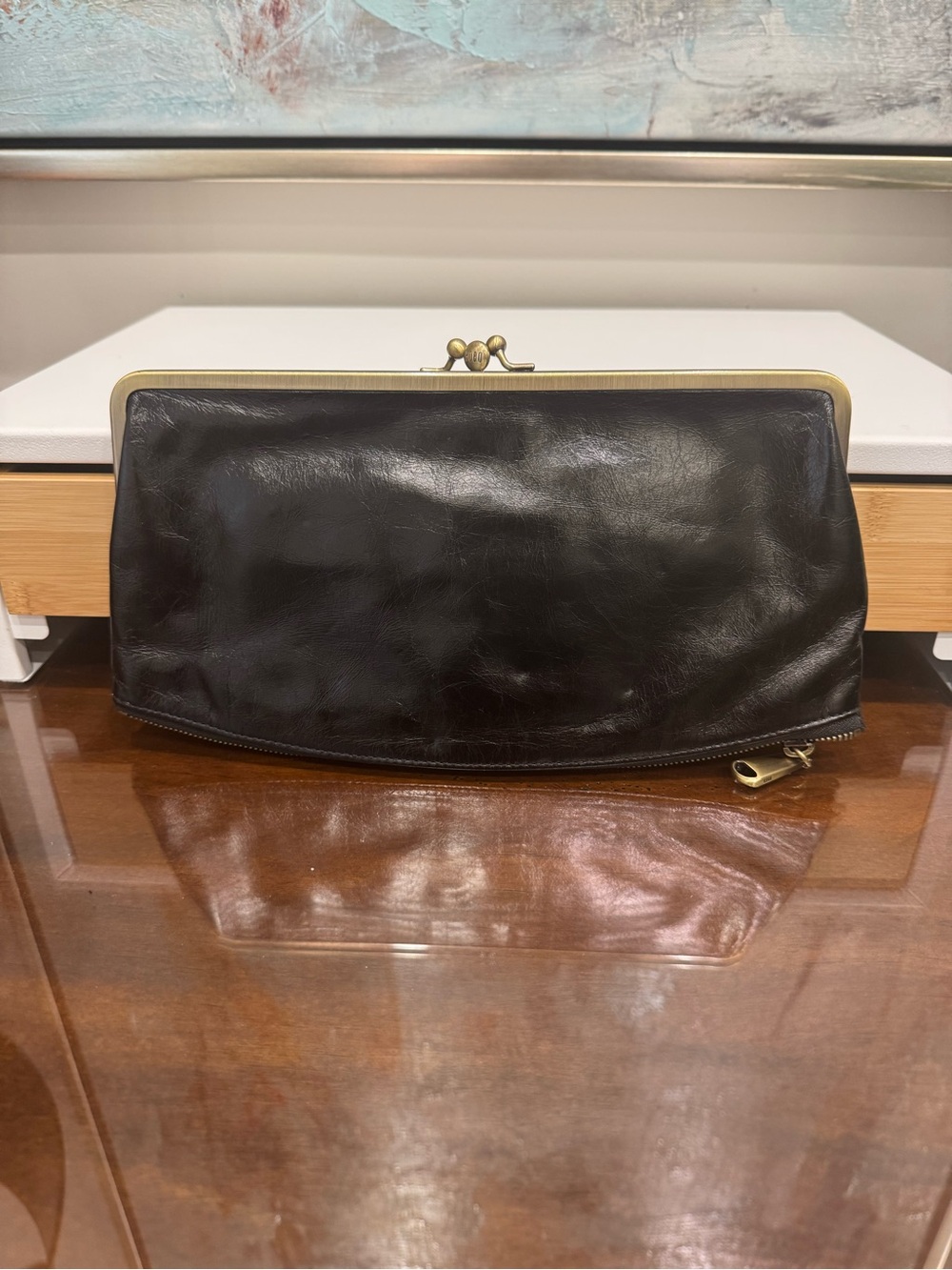 HOBO Black Leather Kiss-Lock Clutch with Brass Frame